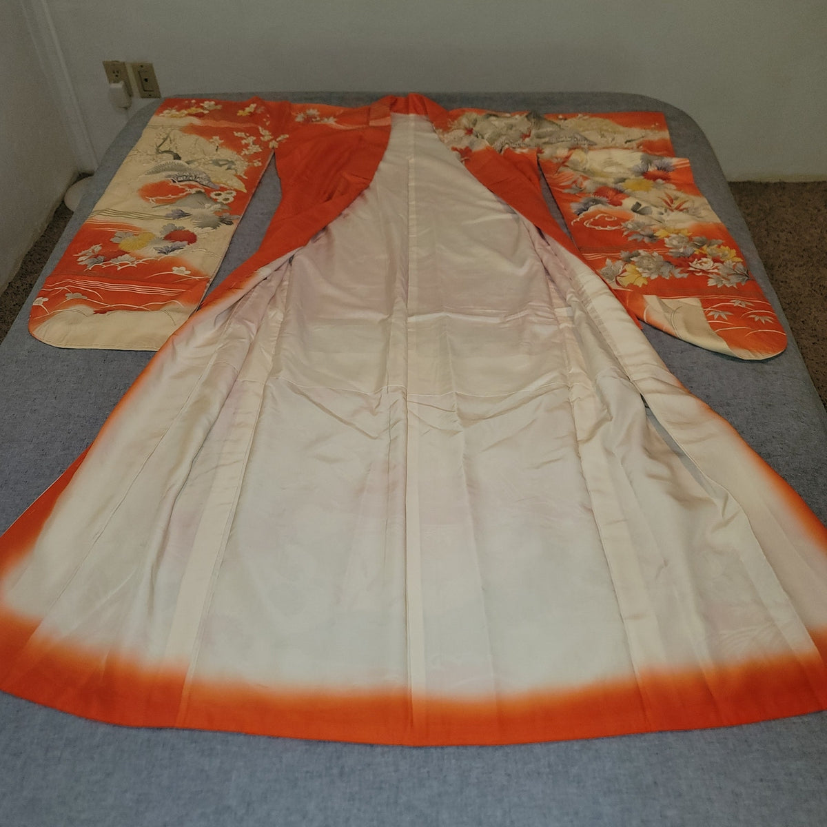 Vintage Silk Furisode (long sleeve) Kimono Robe Orange Gold Silver Embroidery