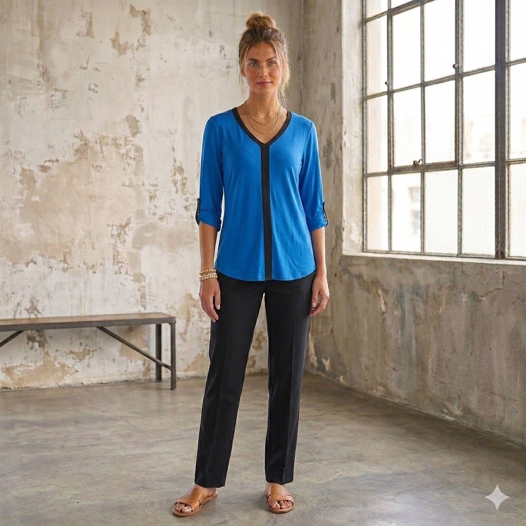 Cable & Gauge Colorblock V-Neck Tunic Blouse Womens Small Royal Blue Black Top