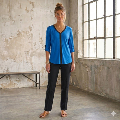 Cable & Gauge Colorblock V-Neck Tunic Blouse Womens Small Royal Blue Black Top