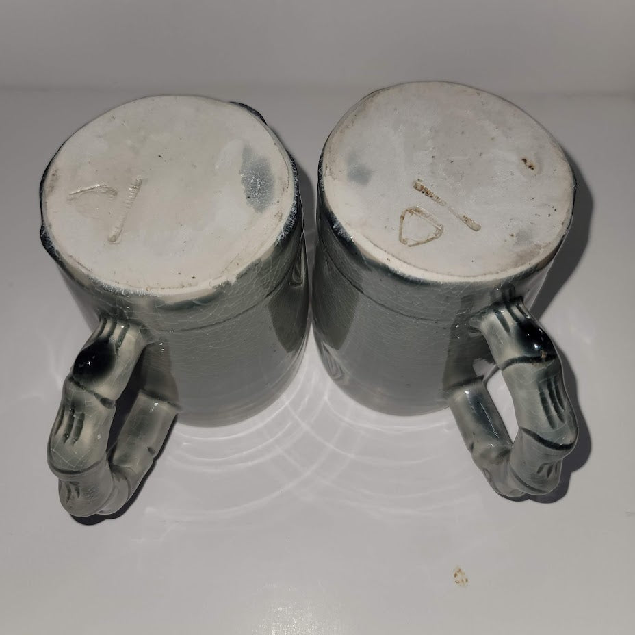Handmade tall gray Pair of art pottery cups mugs Signed stamped coffee tea