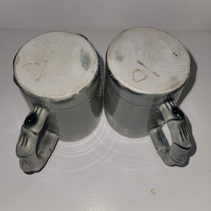Handmade tall gray Pair of art pottery cups mugs Signed stamped coffee tea