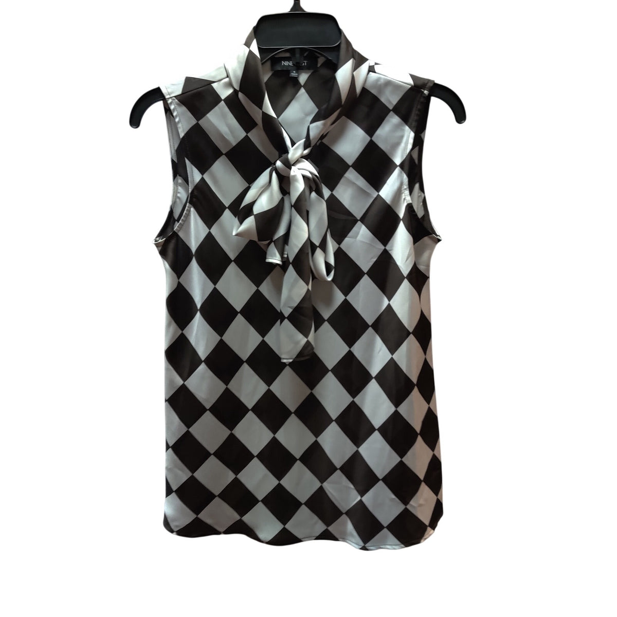 Nine West Black White Argyle Diamond Tie Neck Tank Top Small Sleeveless Blouse