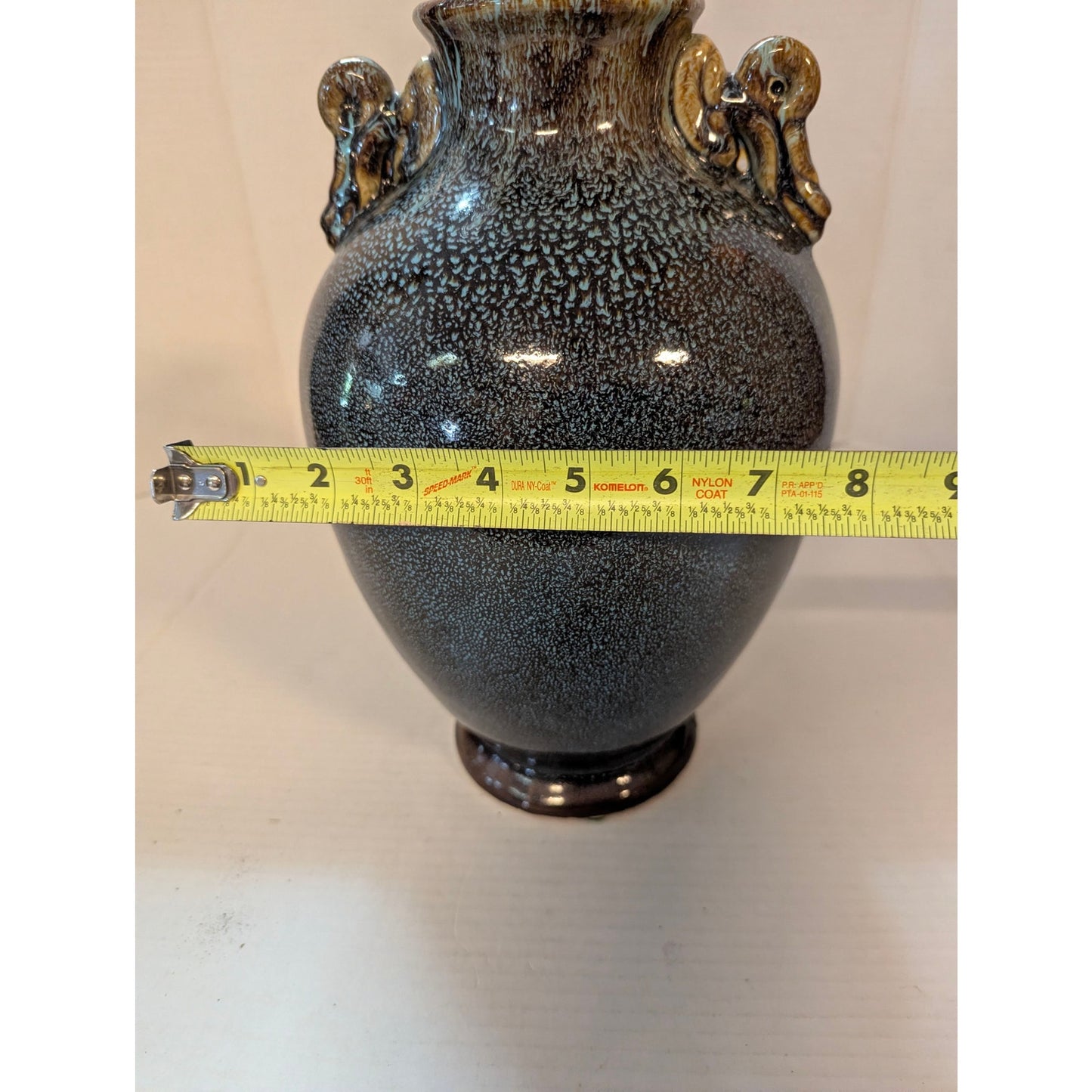 Vintage Studio Pottery Drip Glaze Urn Vase Double Handle Metallic Textured 12"