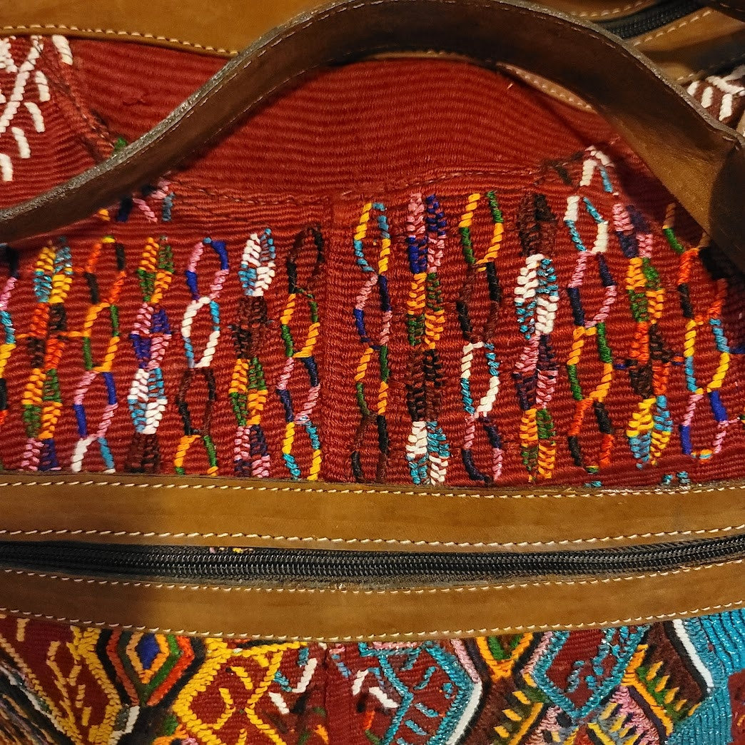 Soul Shine Huipil weekender Leather Embroidery Large Tote Purse Guatamala