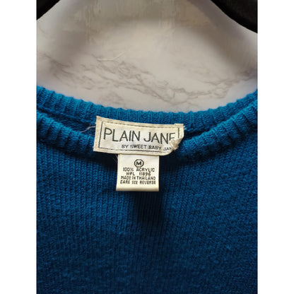 Vintage Plain Jane Size Medium Blue sweater dress Sequin epulets shoulders 1980s