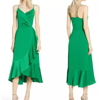 NWT Chelsea28 Midi Spaghetti Strap Drape Ruffle Gown Sz Medium in Green Peacock