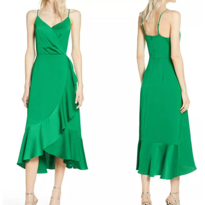 NWT Chelsea28 Midi Spaghetti Strap Drape Ruffle Gown Sz Medium in Green Peacock