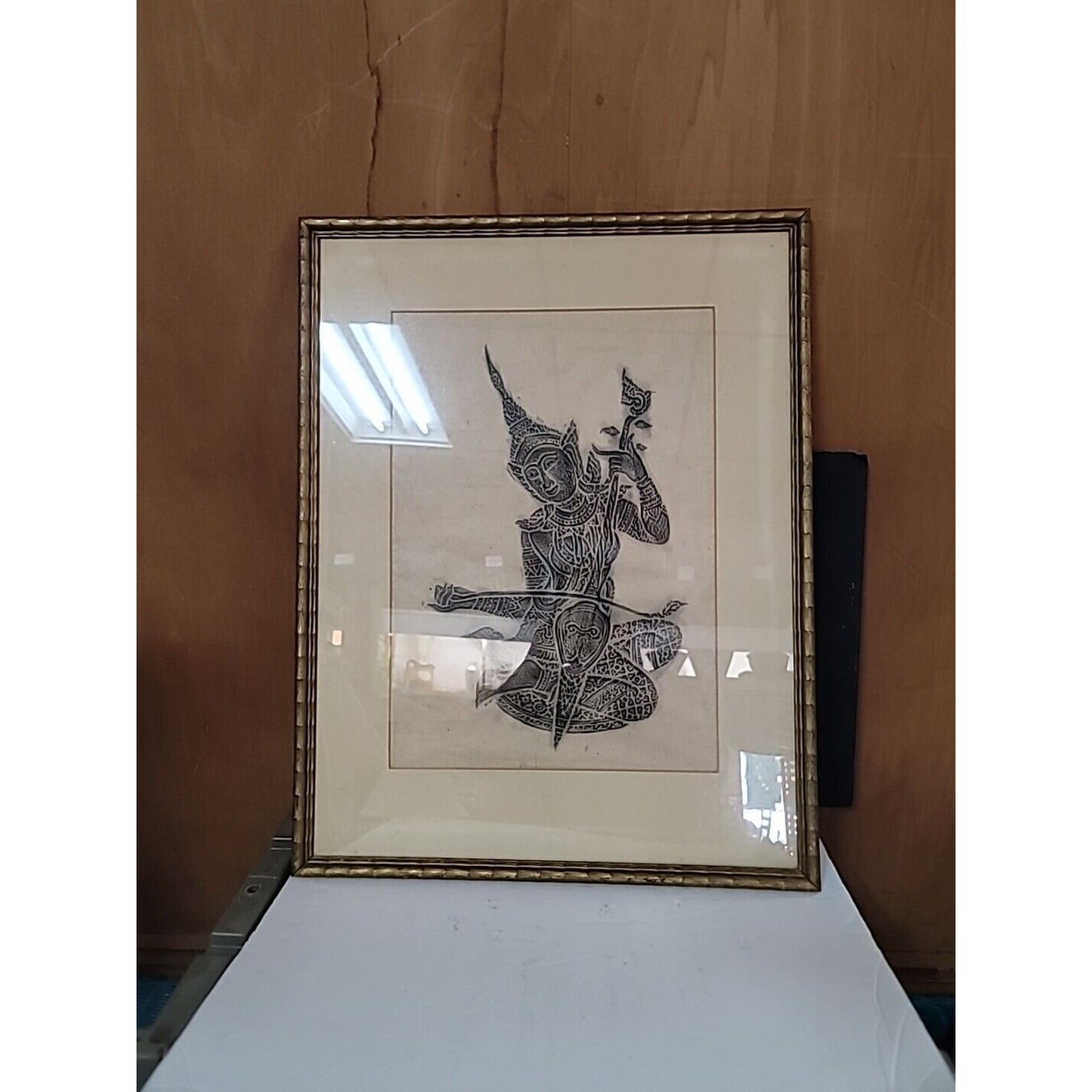 Vintage Thai temple rubbings - In Exquisite Solid Wood BAMBOO 1960s MCM Frame