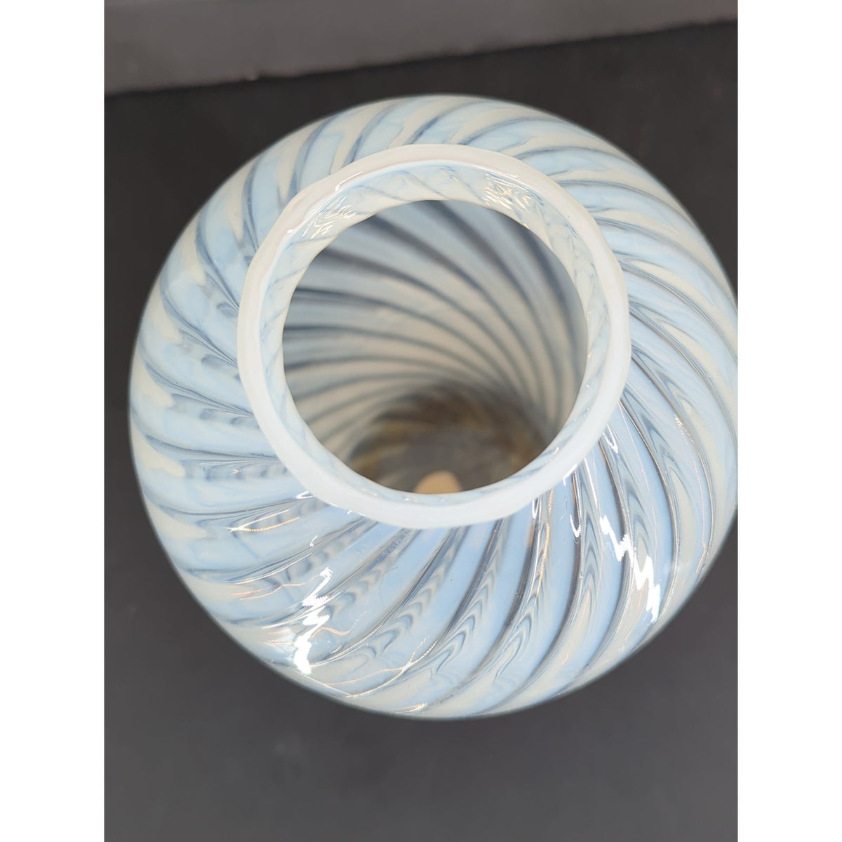 Vetro Murano Style White Swirl Art Glass Vase 14" Stripe Fluted Rim Delicate
