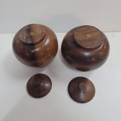 Pair of lidded condiment pots Wood Vintage MCM Mustard 1960s Round