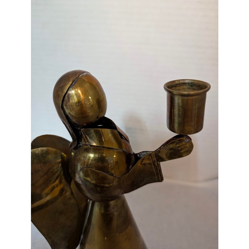 Vintage Brass Mexican Angel Candle Holder - Handcrafted Mid-Century Folk Art