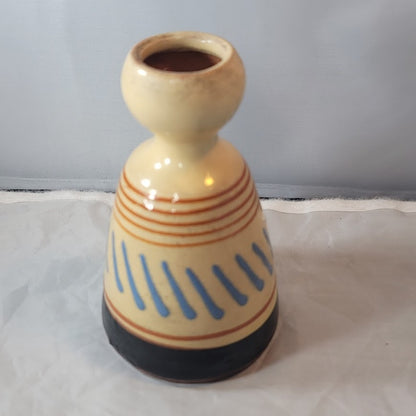 Vintage handmade vase tapered blue rust cream 6" tall