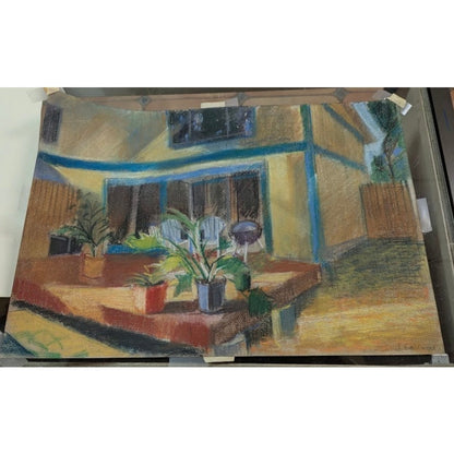 Original MCM Expressionist Pastel Painting Interior Still Life Signed J Gallwood