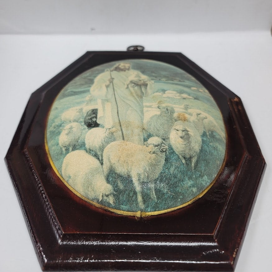 VINTAGE Plum Pritty Wall Plaque Jesus the Shepard lambs Bubble art hanging