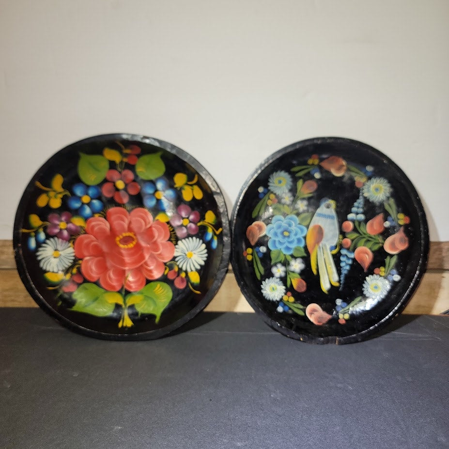 Pair Vintage Mexican Batea wooden bowls Hand painted floral bird folk art black