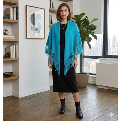 Vintage Glentex Blue Shawl Wrap Fringe One Size Knit Material Skirt Top boho