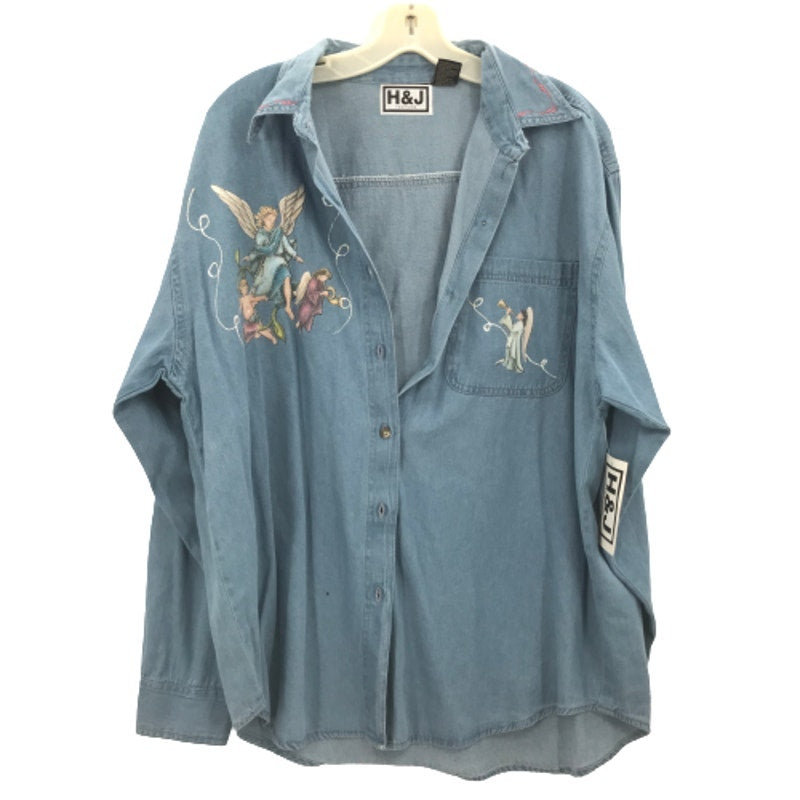H & J Fashion Angel Figures Flower Print Denim Shirt Long Sleeve Large