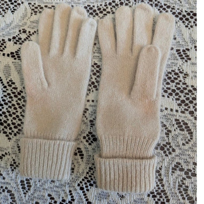 Vintage Aris Knit Gloves - Cream - Angora Rabbit Hair Blend - Ribbed Cuff