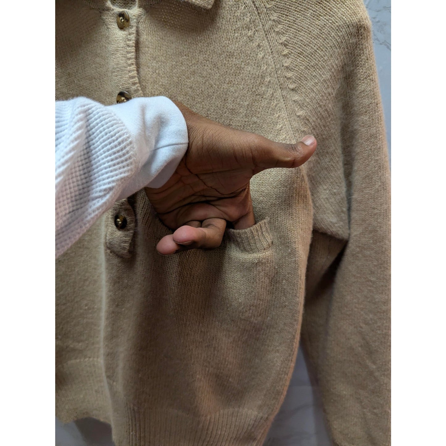 Liz Claiborne Petite Angora Wool Blend Knit Polo Sweater Camel Tan Vintage Y2K