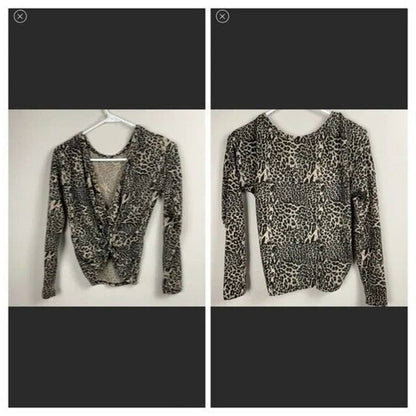 Poof Women Fleece V-neck Twist Top Sweater Size Large Animal Print NWT
