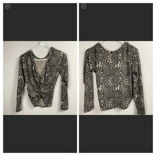 Poof Women Fleece V-neck Twist Top Sweater Size Large Animal Print NWT