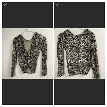 Poof Women Fleece V-neck Twist Top Sweater Size Large Animal Print NWT