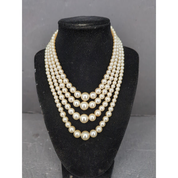 Vintage Multi Strand Faux Pearl Rhinestone Choker Collar Necklace French Country