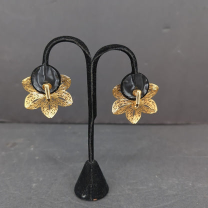 Vintage Gold Tone Filigree Floral AB Rhinestone Clip On Earrings Boho
