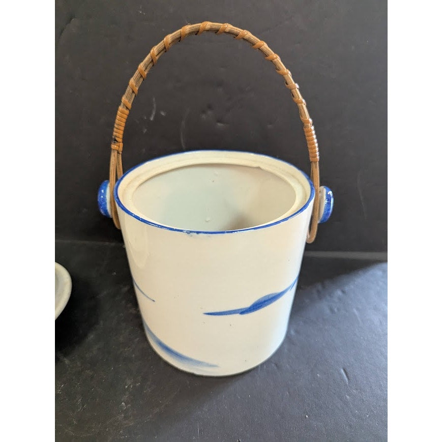 Vtg Hand Painted Biscuit / Cookie tea  Jar Wicker Handle Lid Japan Blue Canister
