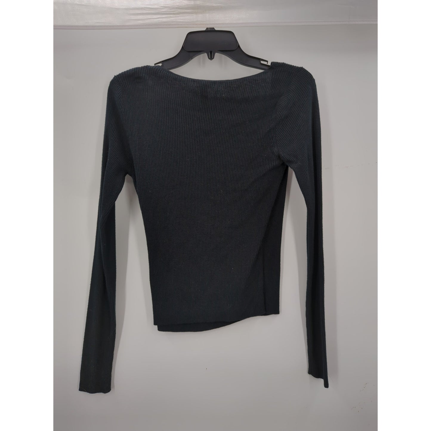 Leith Women's Black Ribbed Knit Faux Wrap Long-Sleeve Top Small