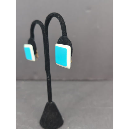 Vintage Square Turquoise Enamel Gold Tone Clip On Earrings Retro Modern
