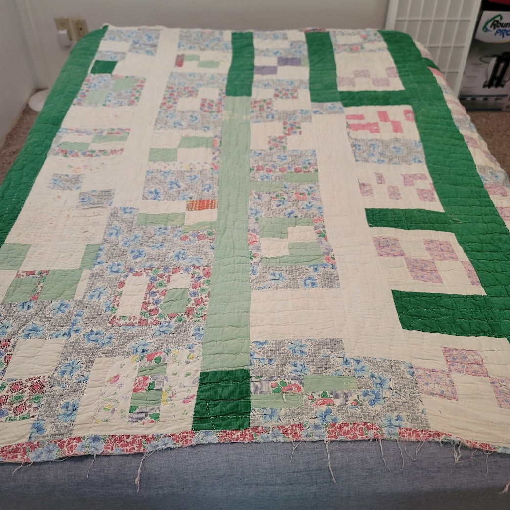Handmade Quilt 72"x70" greens need repairs PATCHWORK FARMHOUSE cabin VINTAGE