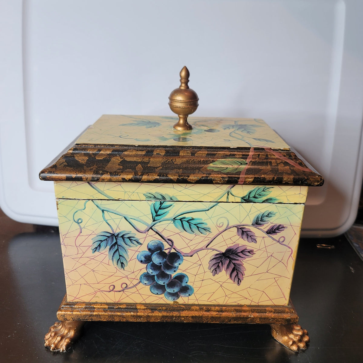 Yellow box footed Floral Chest Organizer Jewelry WhatNots Stash Finial Top
