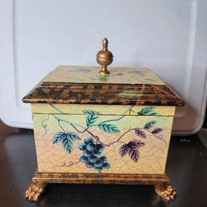 Yellow box footed Floral Chest Organizer Jewelry WhatNots Stash Finial Top