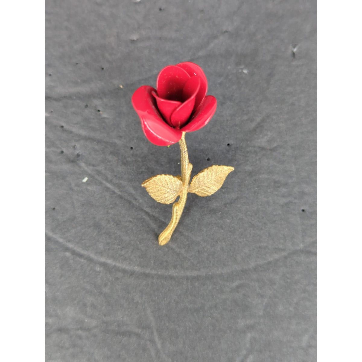 Vintage Red Porcelain Rose Flower Stem Brooch Pin Gold Tone Leaf Accent
