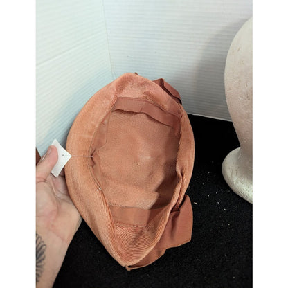 Vintage ladies HAT 40's 50's The Rhodes Hat Peach Woven Straw Cloche Bucket Bow