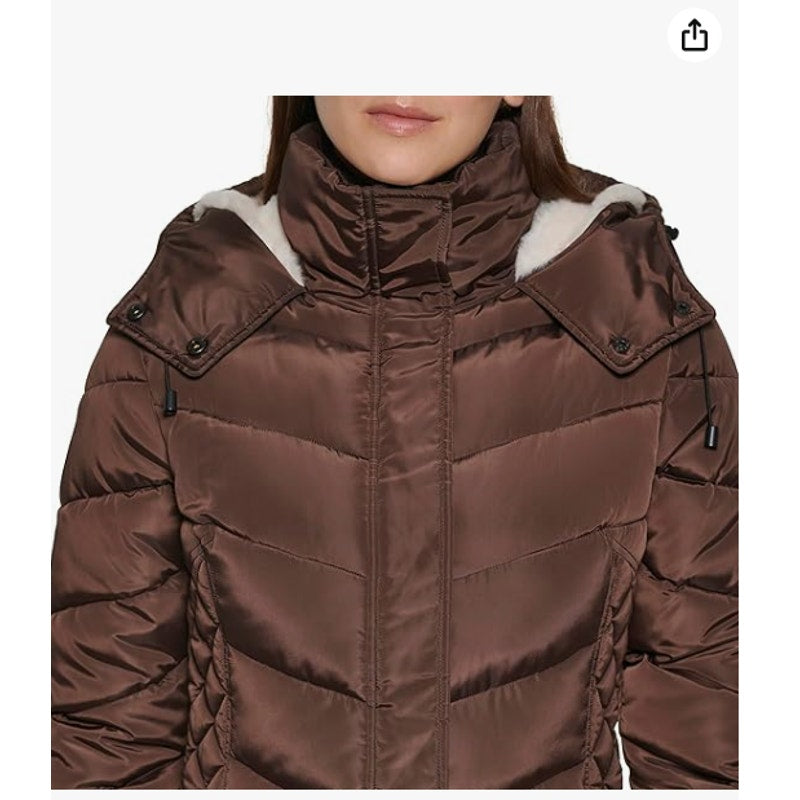 Kenneth Cole Plus Medium Faux-Fur-Trim Hooded Puffer Coat Jacket full Zip NEW