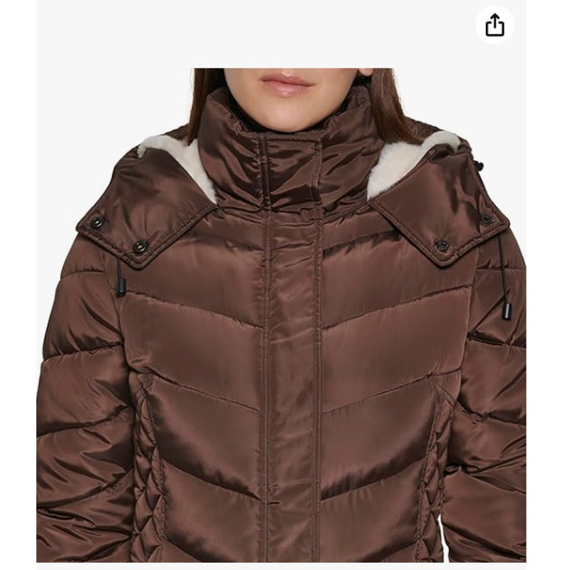 Kenneth Cole Plus Medium Faux-Fur-Trim Hooded Puffer Coat Jacket full Zip NEW