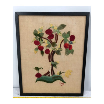 Vintage Crewel Cherry Tree Handmade by Tilly 1961 framed some water stains 12x16