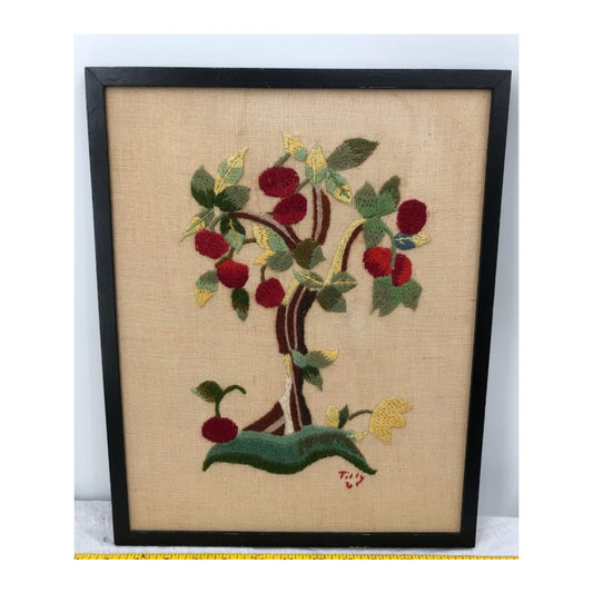 Vintage Crewel Cherry Tree Handmade by Tilly 1961 framed some water stains 12x16