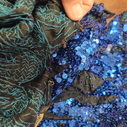 Vintage SILK blue sequin formal womens top jagged hem 80s M/L Handstitched