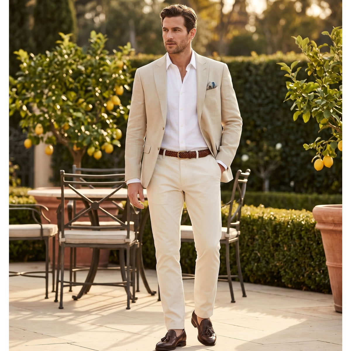 THE SAVILE ROW Sloane Chambray Cotton Brit Slim Suit Jacket Blazer 40R Tan NWT