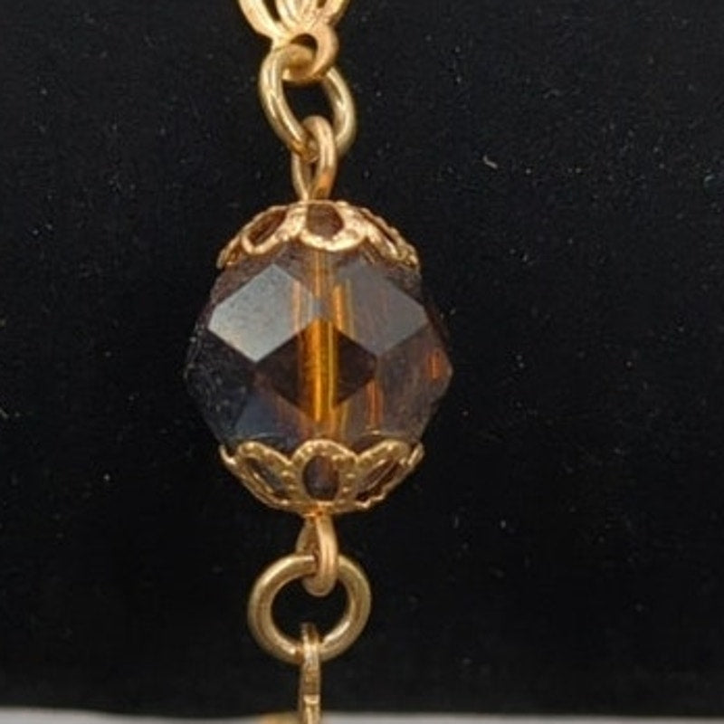 Vintage Fashion BRACELET 8" beaded opalescent amber faceted filigree caps