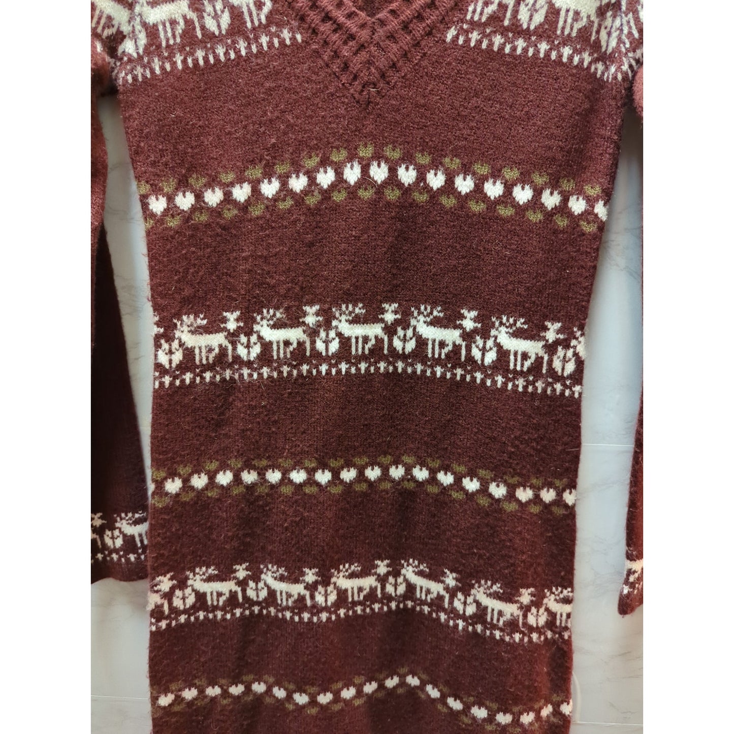 White Mark Reindeer Fair Isle Knit Sweater Dress Burgundy Size Large