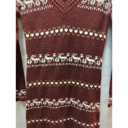 White Mark Reindeer Fair Isle Knit Sweater Dress Burgundy Size Large