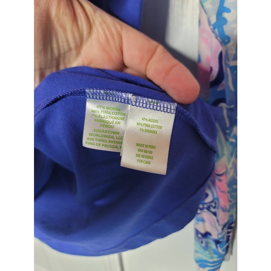 Lilly Pulitzer LARGE Long sleeve Shirt Finn V Neck Top Blue Shade Seekers