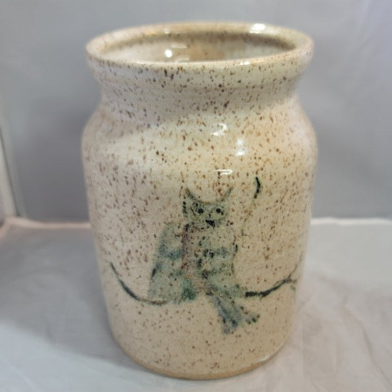 Handmade Studio Art pottery vase Jar speckled glaze OWL motif Cream OOAK