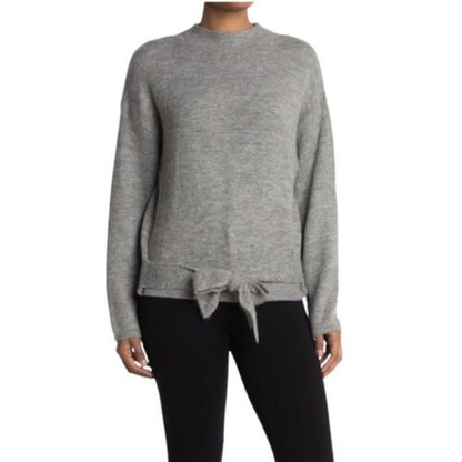 Wayf Tie Front Waist Mock Neck Pullover Sweater LARGE Light Grey NWT