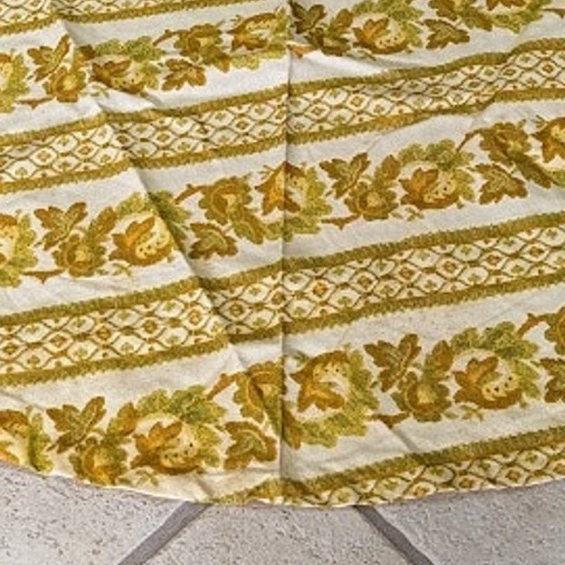 Vintage 1960s round tablecloth 69" Heavy floral brocade gold tones with stripes