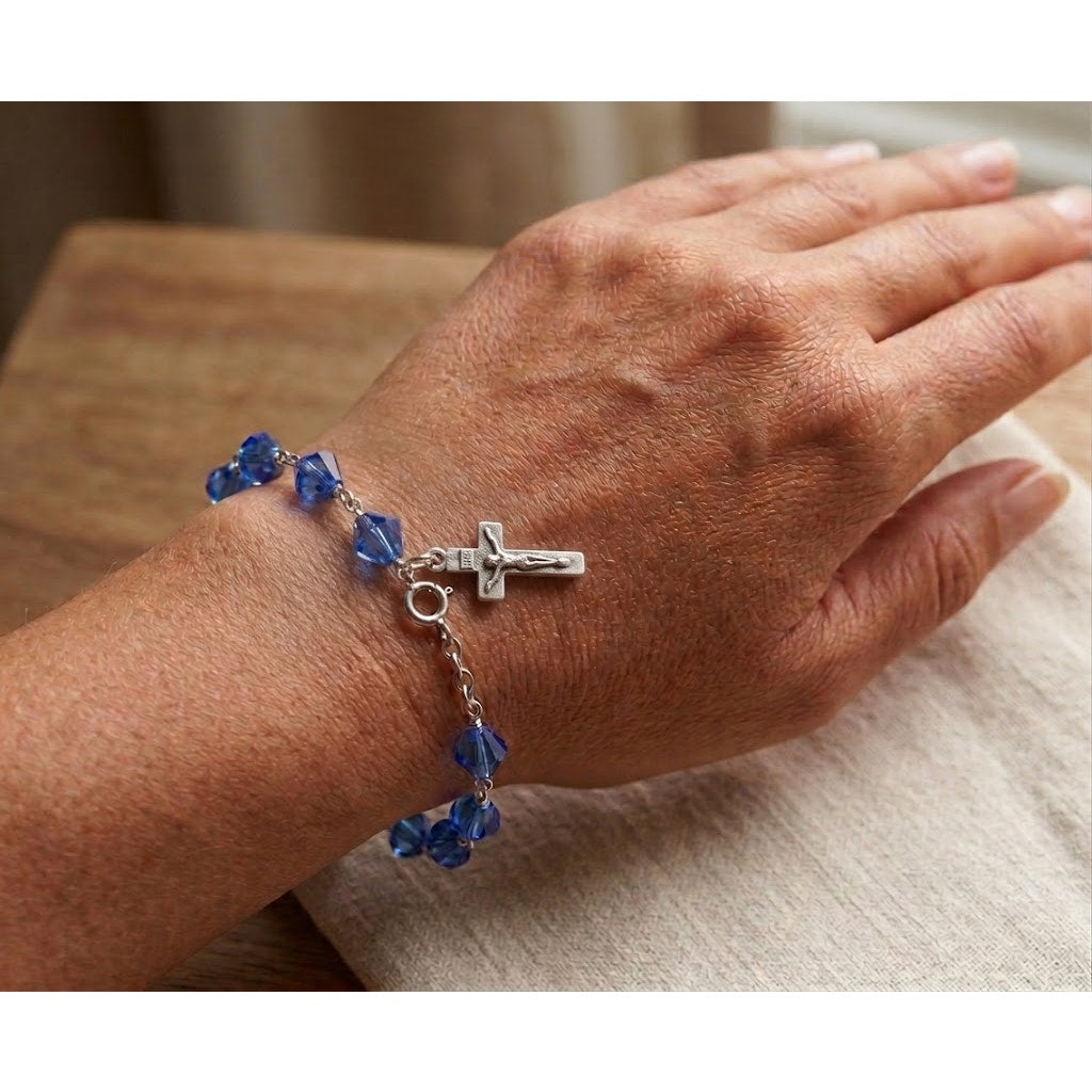 Sapphire Blue Crystal Sterling Silver Crucifix Small 7' Rosary Bracelet